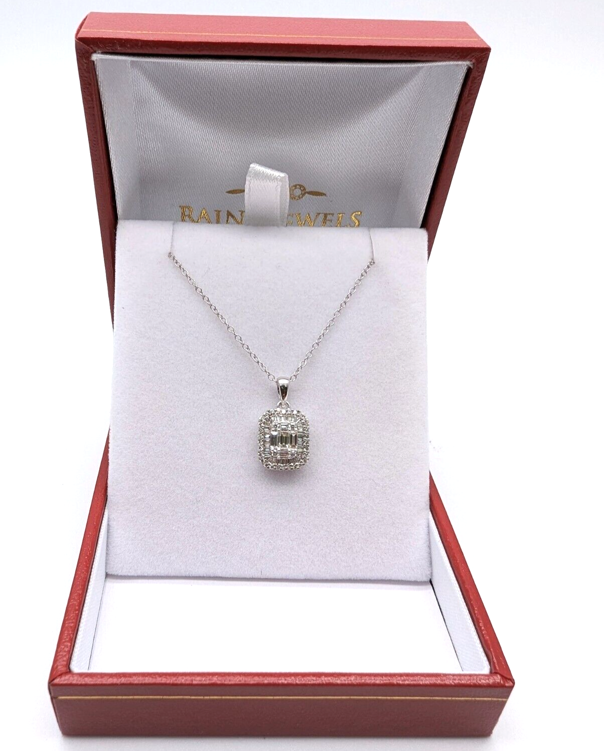 9ct White Gold & Natural Round & Baguette Diamonds Pendant Necklace 0.53cts