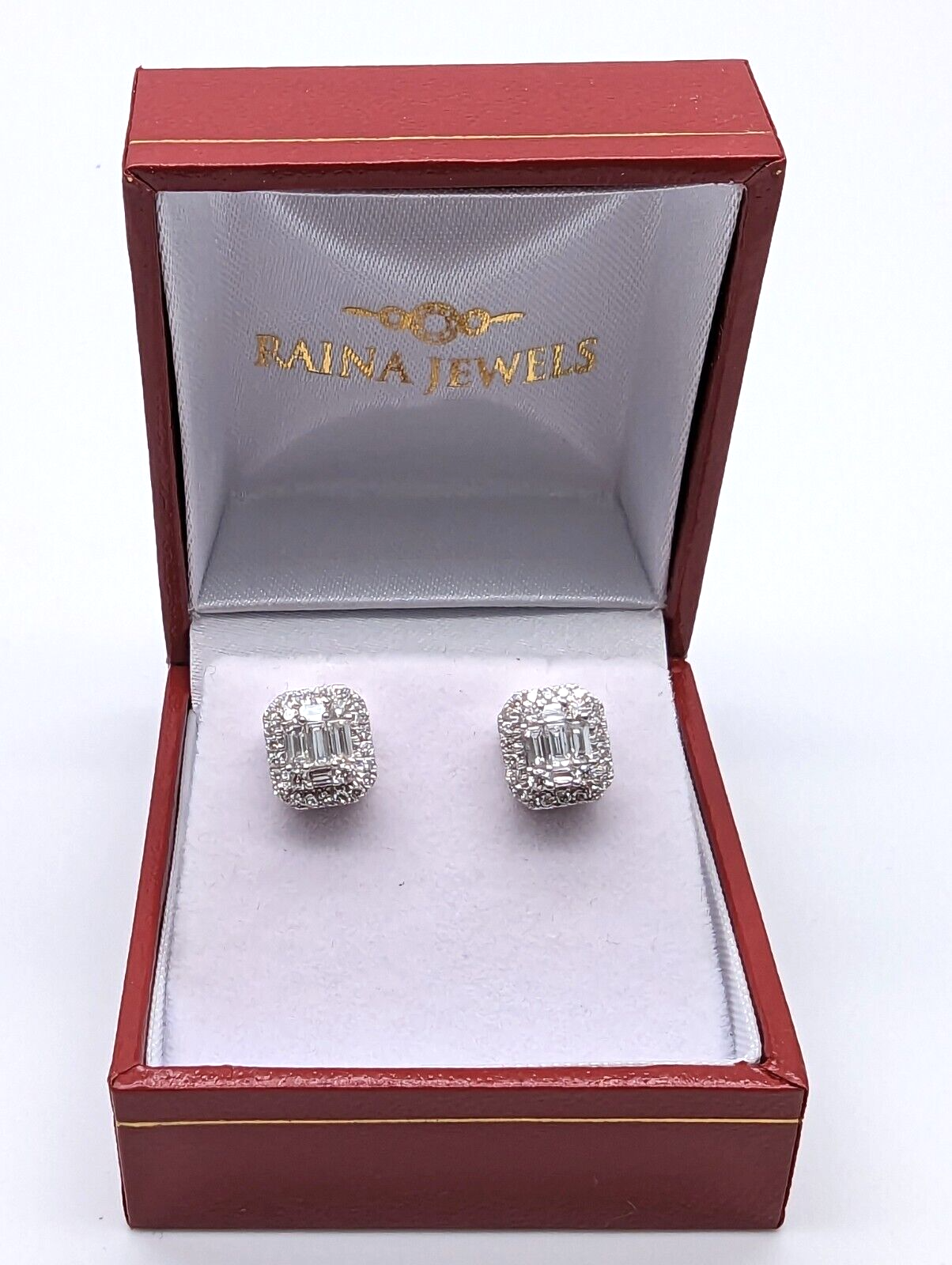 9ct White Gold Natural Diamonds & Baguette Earrings Ear Studs 0.73ct