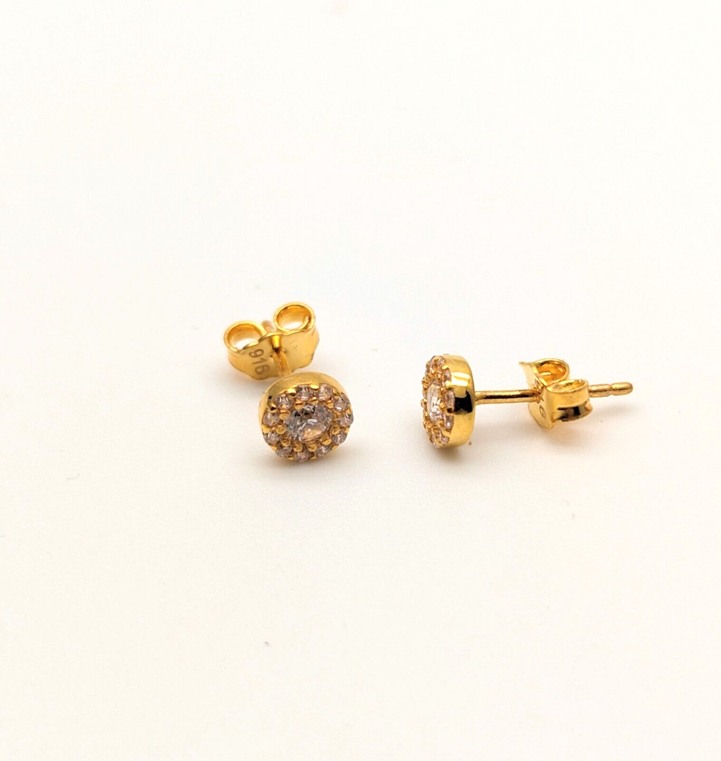 22ct Yellow Gold Cubic Zirconia CZ Round Halo Button Style Stud Earrings