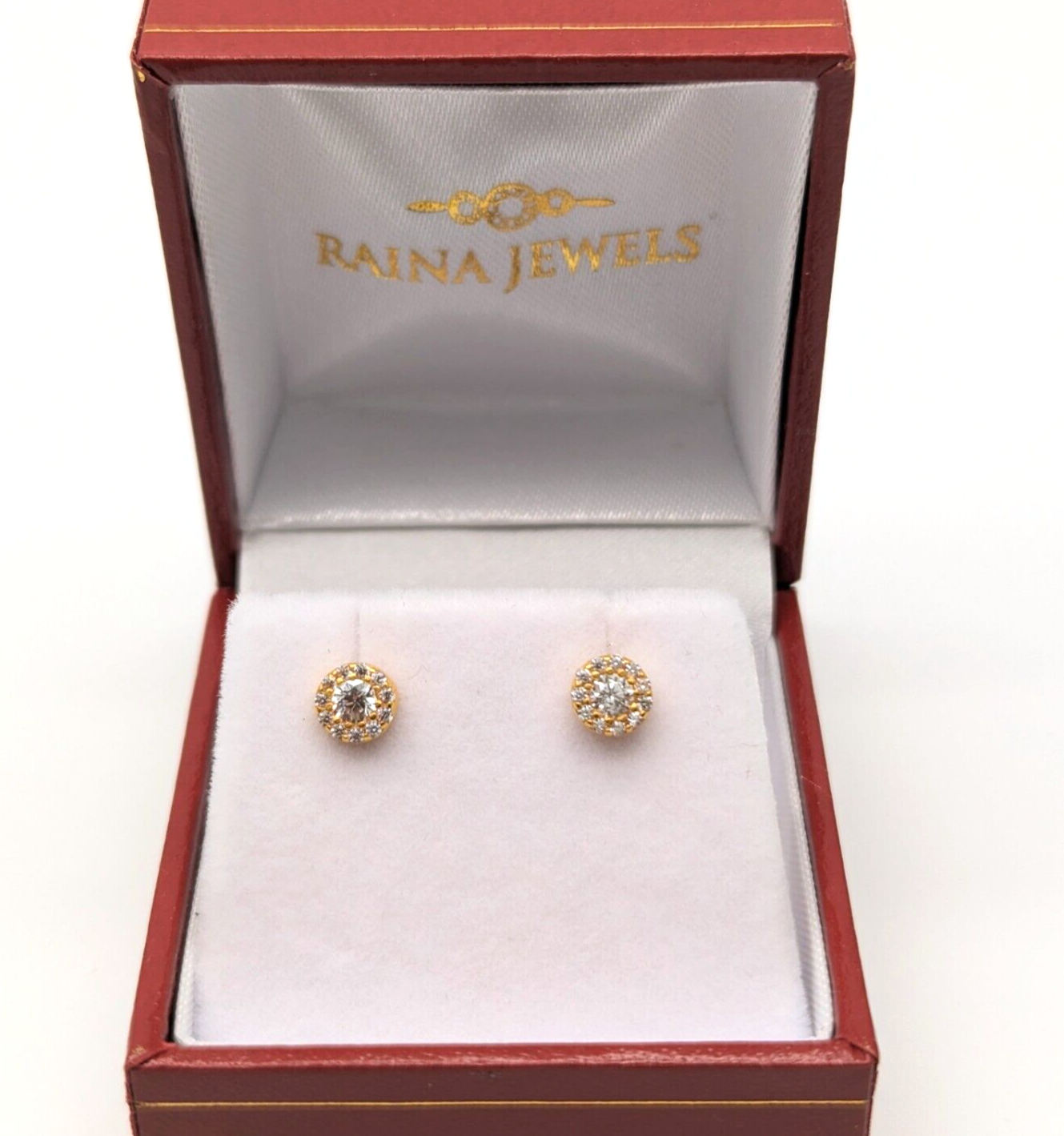 22ct Yellow Gold Cubic Zirconia CZ Round Halo Button Style Stud Earrings