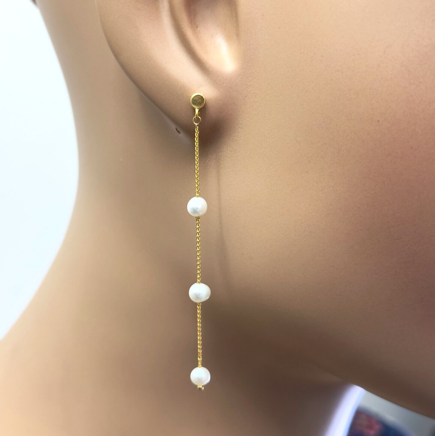 22ct Yellow Gold Natural Freshwater 3-Pearl Drop Earrings 2.25