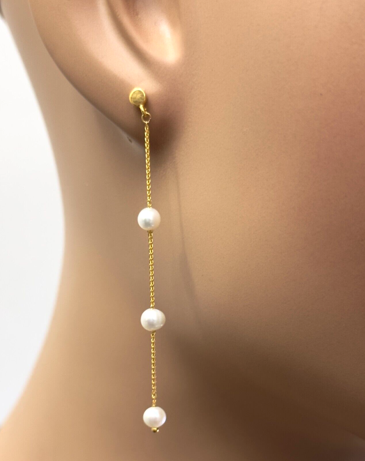 22ct Yellow Gold Natural Freshwater 3-Pearl Drop Earrings 2.25