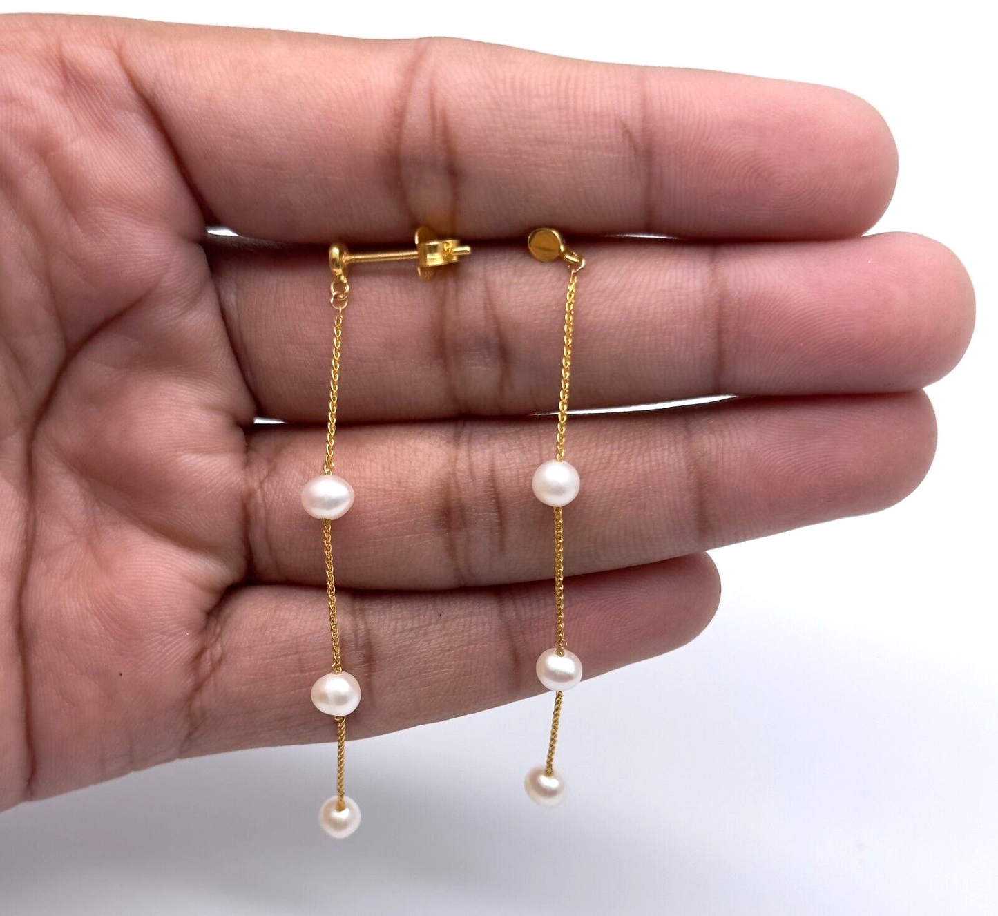 22ct Yellow Gold Natural Freshwater 3-Pearl Drop Earrings 2.25