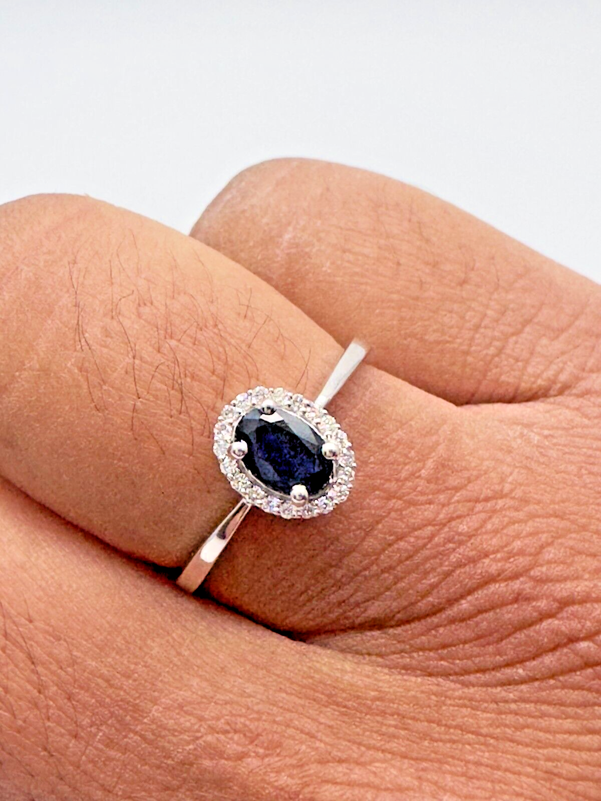 9ct White Gold Diamond & Blue Sapphire Oval Cluster Ring 0.53 ct