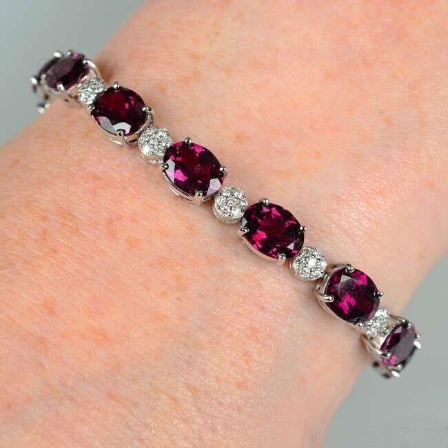 14ct White Gold Natural Diamond & Purple Rhodolite Garnet Oval Cluster Bracelet