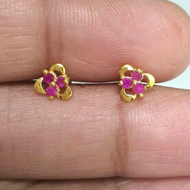 22ct Yellow gold Ruby Children's Stud earrings claw set Child Friendly