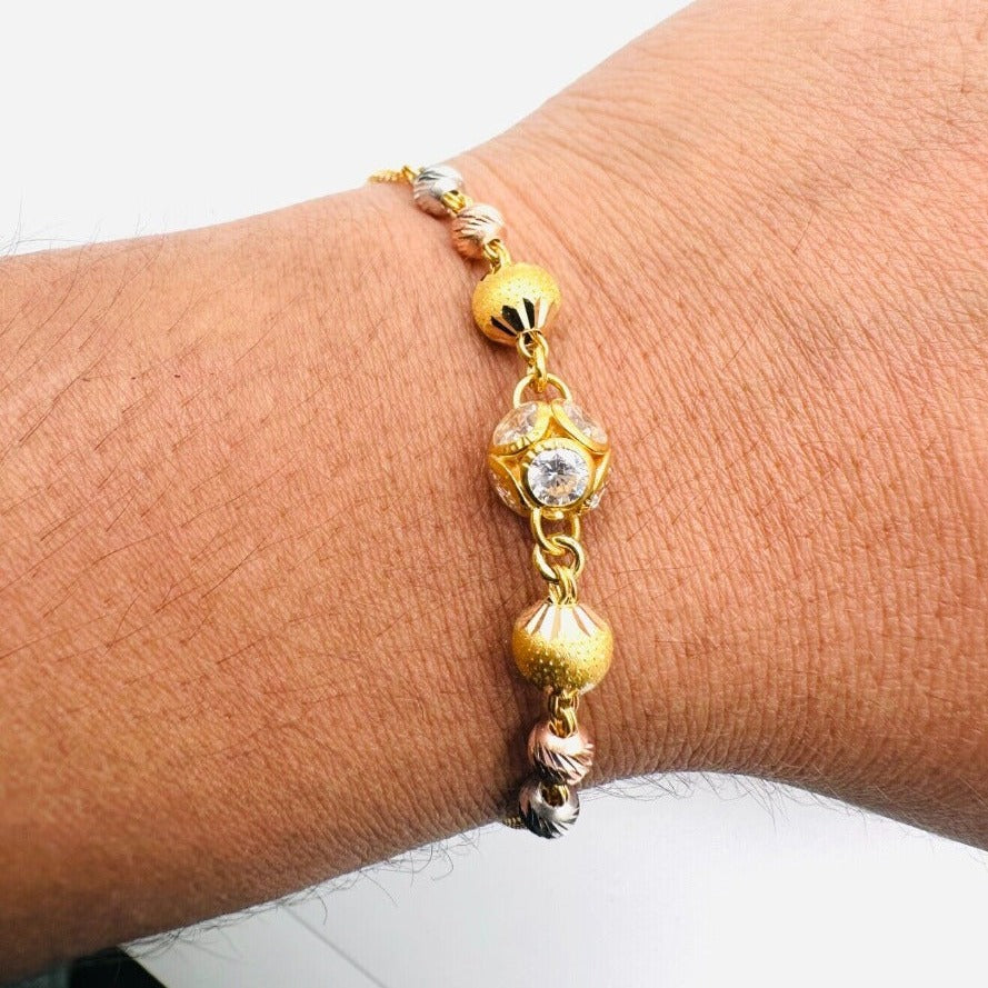 22ct Yellow Gold Three Colour Diamond Cut Beaded Bracelet, 7.29gm