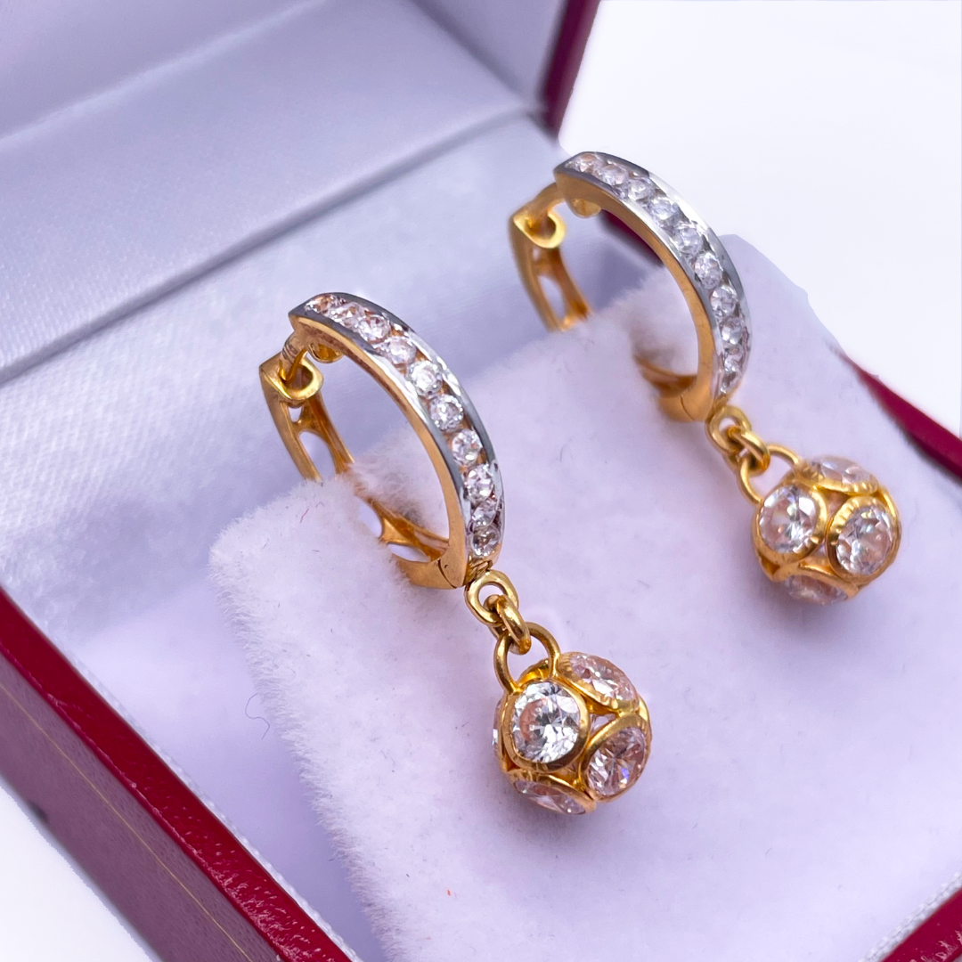 22ct Yellow Gold & Cubic Zirconia Two Tone Glitter Ball Hoop Earrings, 4.00gm