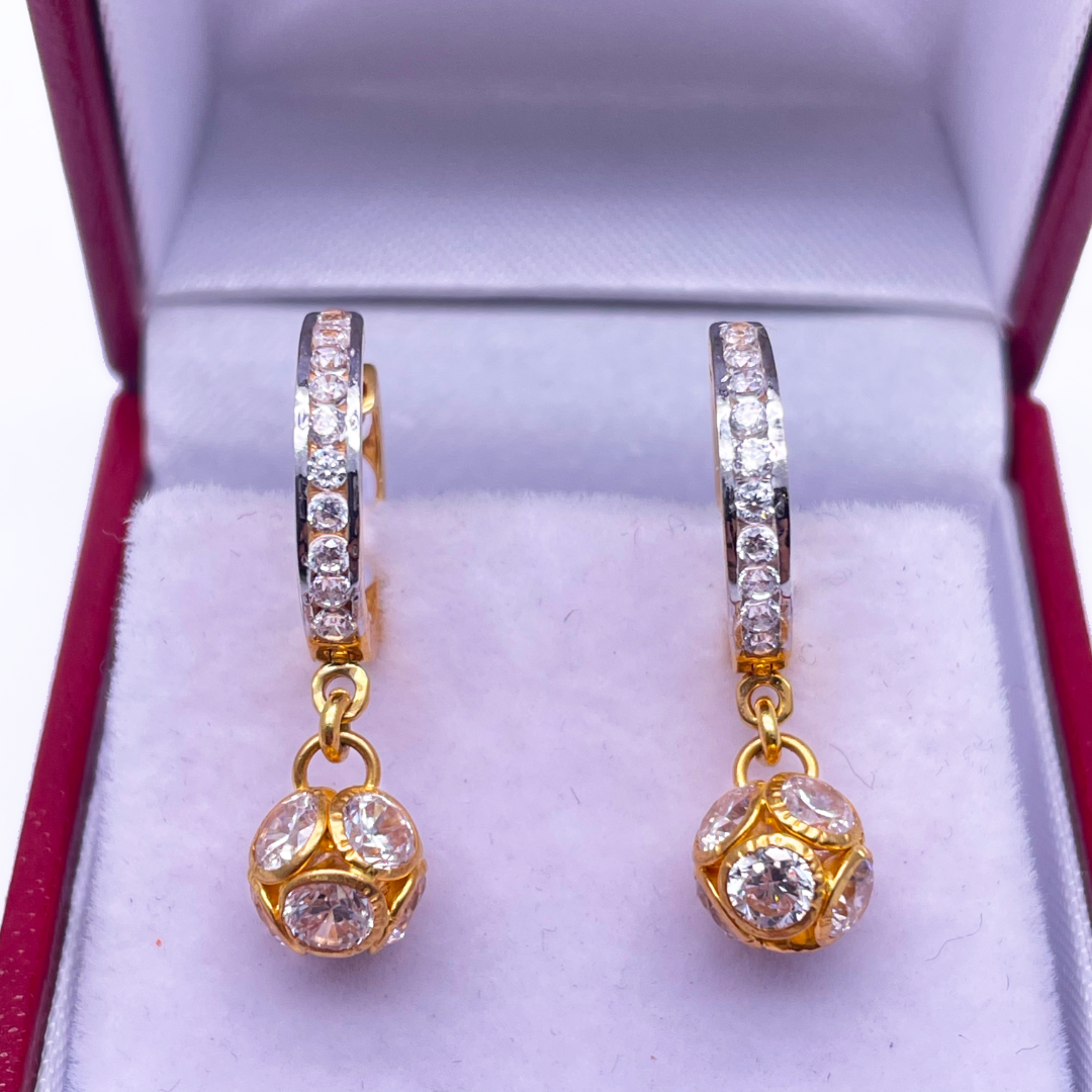 22ct Yellow Gold & Cubic Zirconia Two Tone Glitter Ball Hoop Earrings, 4.00gm