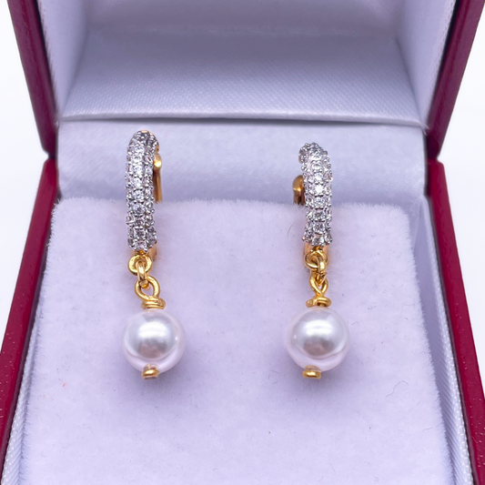 22ct Yellow Gold & Cubic Zirconia Pearl Drop Hoop Earrings,3.56mm