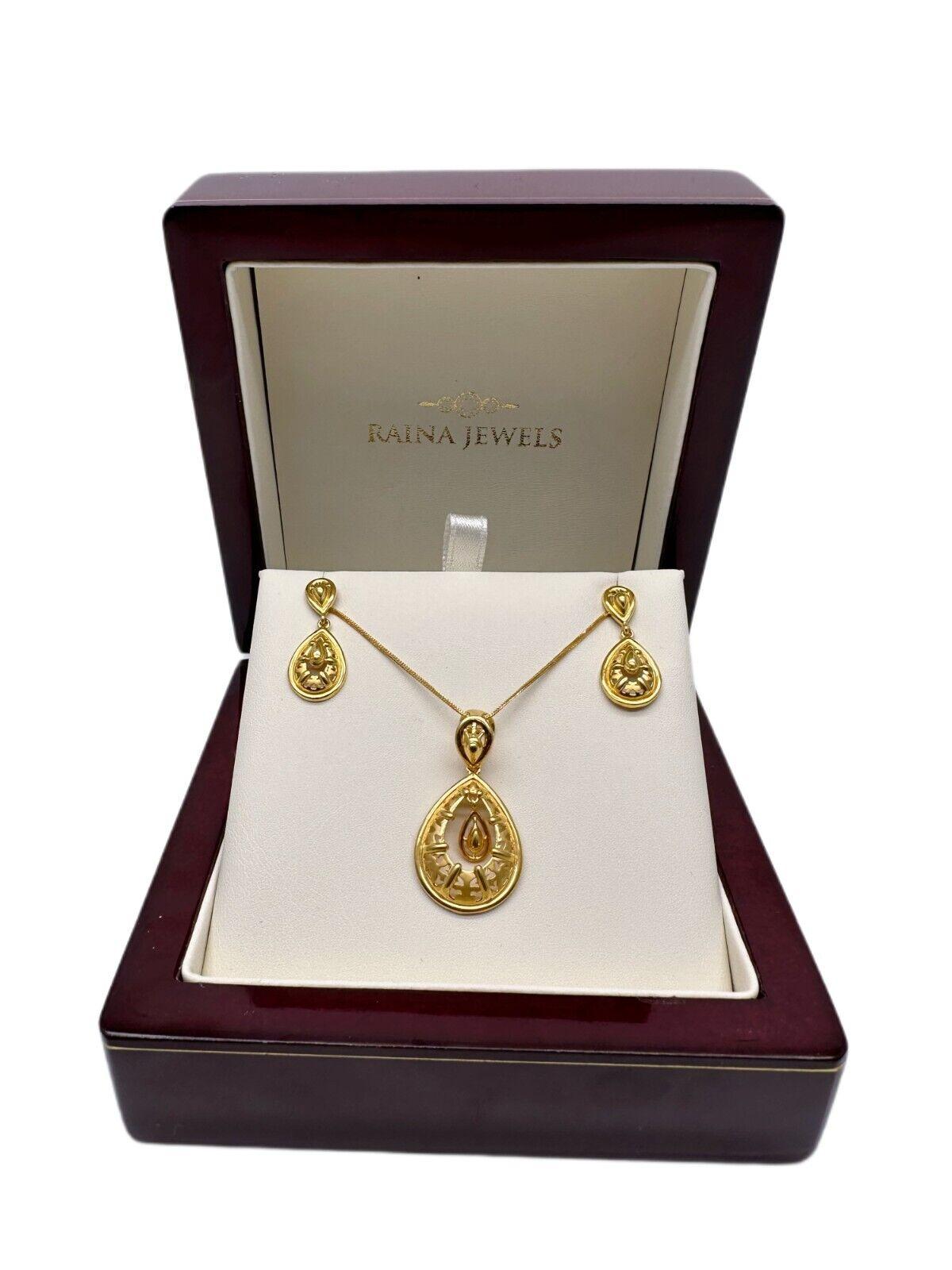 22ct Yellow Gold Diamond Cut Design 2 Tone Earrings, Pendant & Chain Necklace