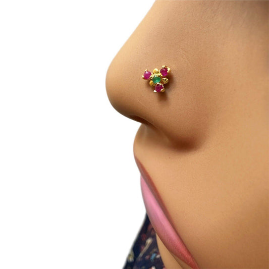 22ct Yellow Gold Three Stone Ruby & Emerald Nose Stud/Nose Pin/Nose Piercings