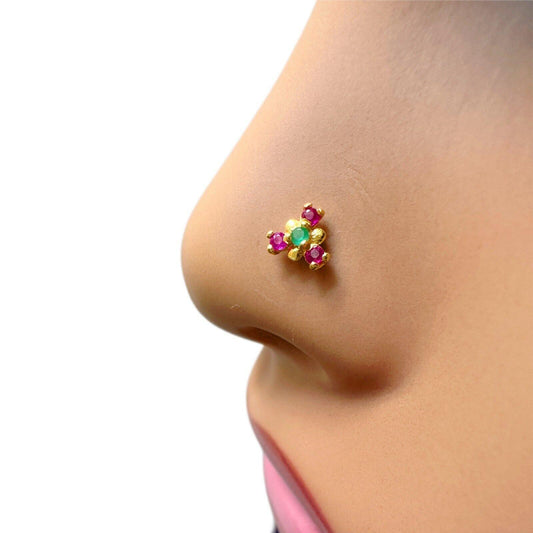 22ct Yellow Gold Three Stone Ruby & Emerald Nose Stud/Nose Pin/Nose Piercings