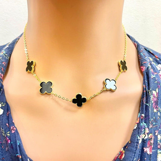 22ct Yellow Gold Black Onyx Clover Necklace 18