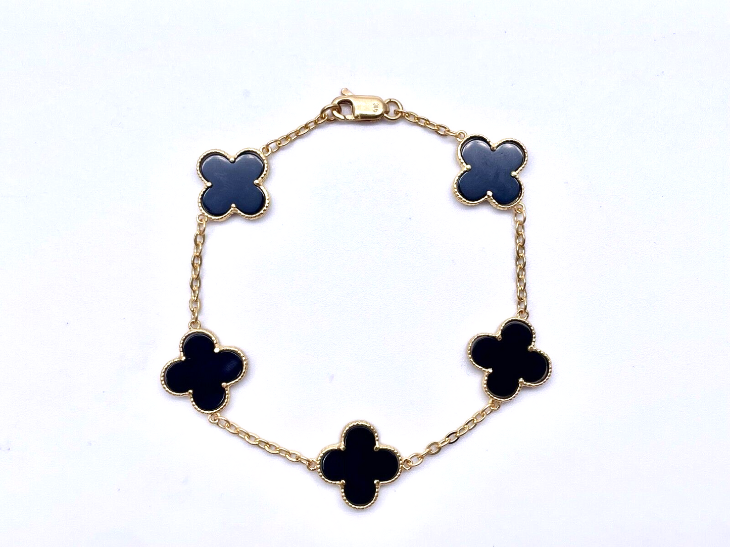 22ct Yellow Gold 5 Clover Black Onyx Bracelet 7