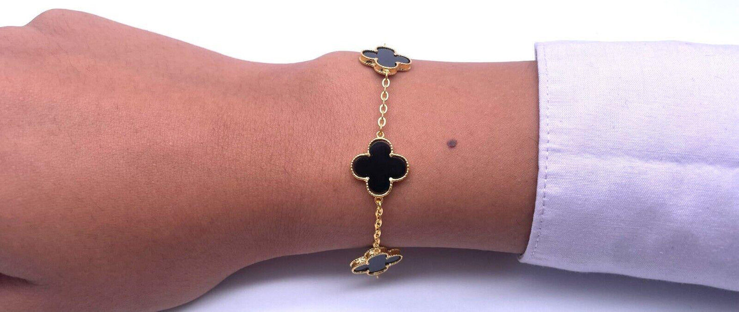 22ct Yellow Gold 5 Clover Black Onyx Bracelet 7