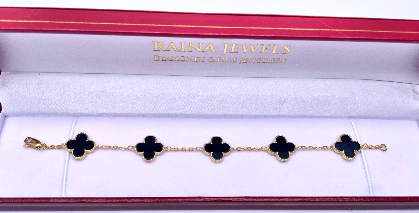 22ct Yellow Gold 5 Clover Black Onyx Bracelet 7