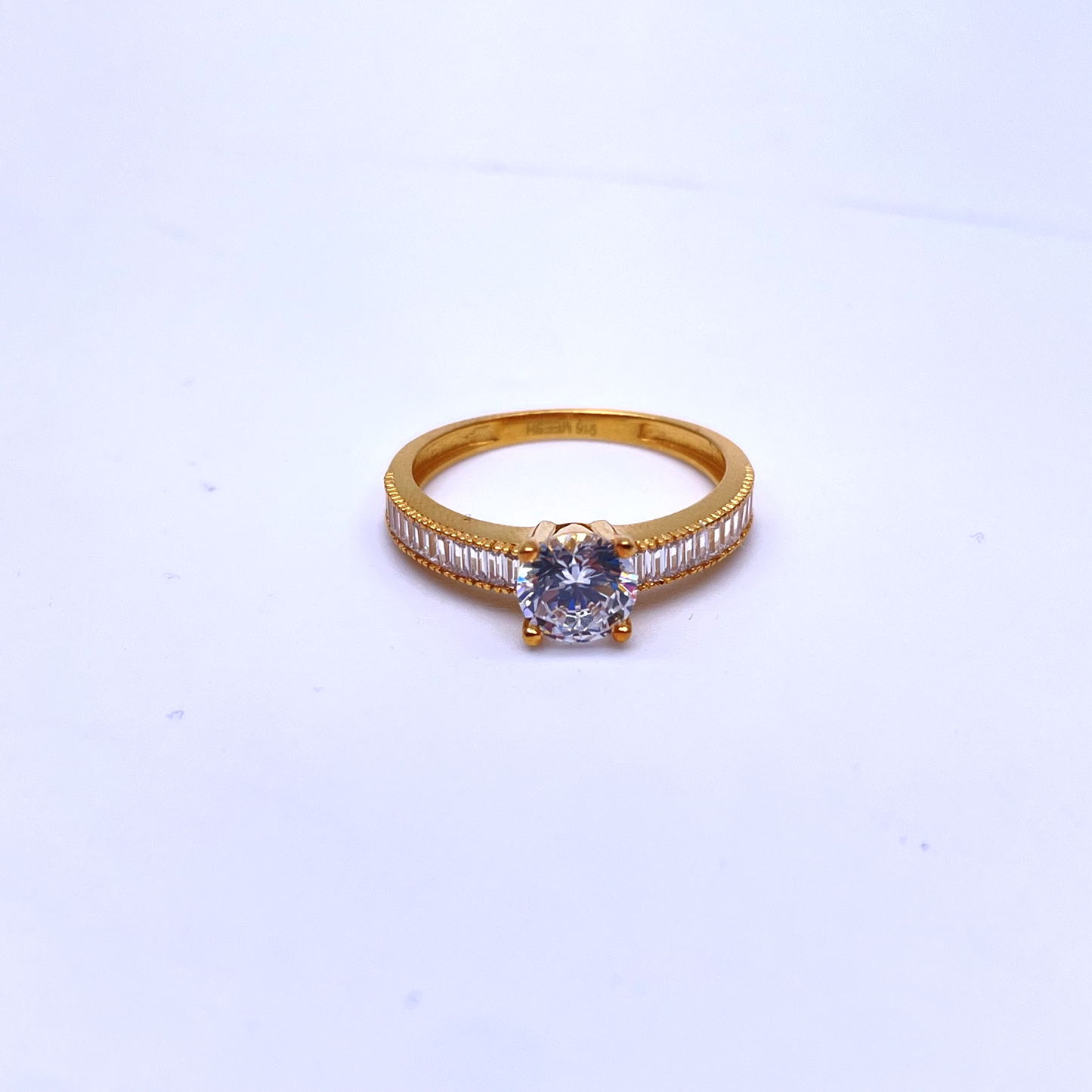 22ct Yellow Gold Round Cubic Zirconia Solitaire Milgrain baguette Shoulders Ring