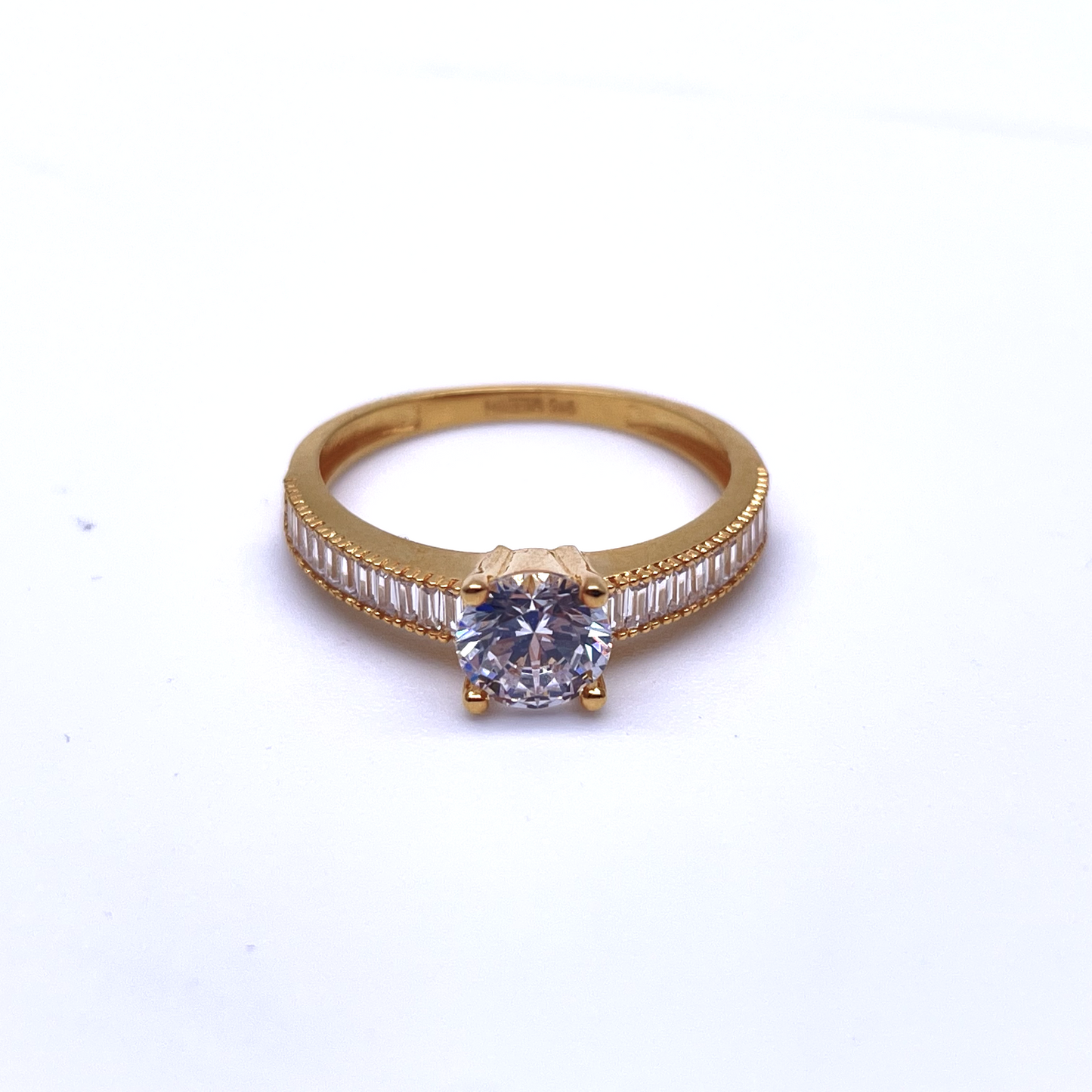 22ct Yellow Gold Round Cubic Zirconia Solitaire Milgrain baguette Shoulders Ring