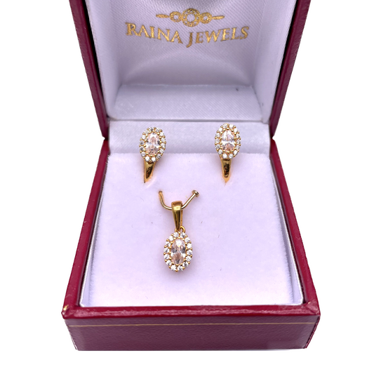 22ct Yellow Gold Cubic Zirconia Oval Halo Pendant and Oval Hoop Earrings Set