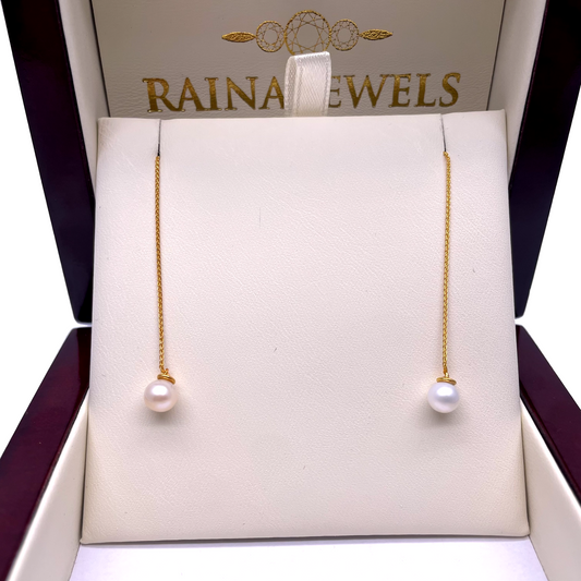 22ct Yellow Gold One Pearl Drop Earrings 3.4'' Inches 