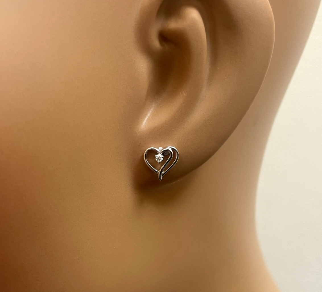 18ct White Gold Round Diamond Heart Stud Earrings 0.03ct