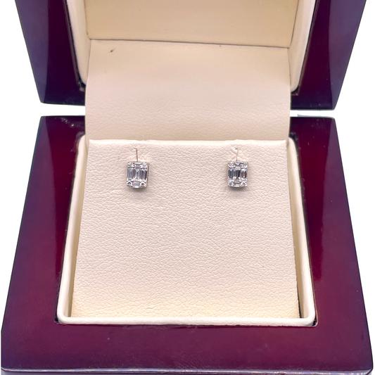 14ct White Gold Round & Baguette in Emerald Shaped Diamond Studs Earrings 0.17ct