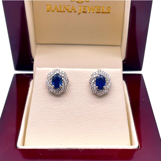 18ct White Gold Natural Oval Blue Sapphire & Diamond Cluster Earrings 0.33ct 