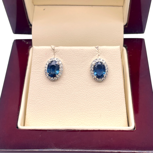 18ct White Gold Natural Oval Blue Sapphire & Diamond Cluster Earrings 0.22ct 