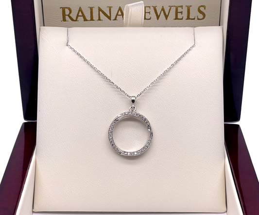 18ct White Gold Twisted Circle Diamond Pendant &Chain 16