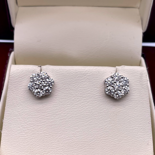 18ct White Gold 7 Stone Daisy Cluster Diamond Stud Earrings IGI Certified 1.24ct