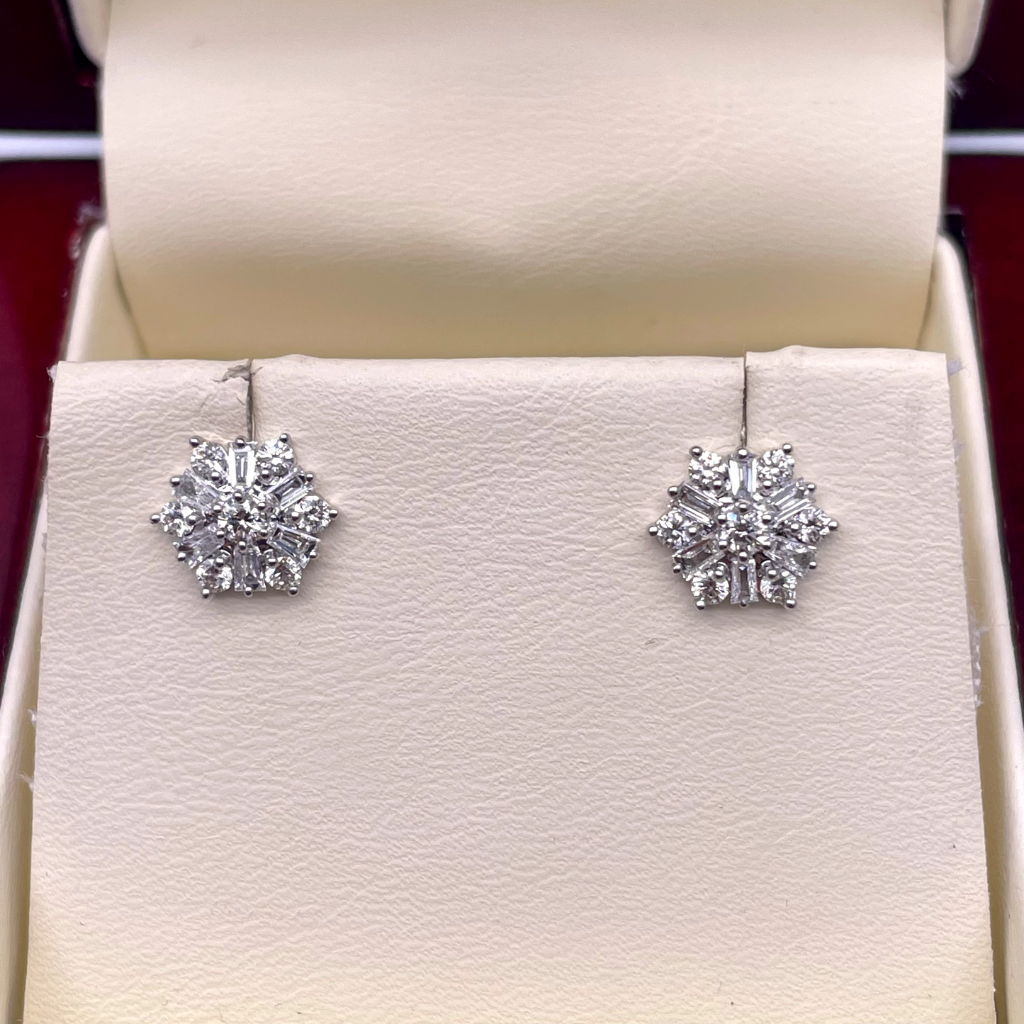 18ct White Gold Diamond Baguette Snowflake Cluster Stud Earring 9mm width,0.62ct