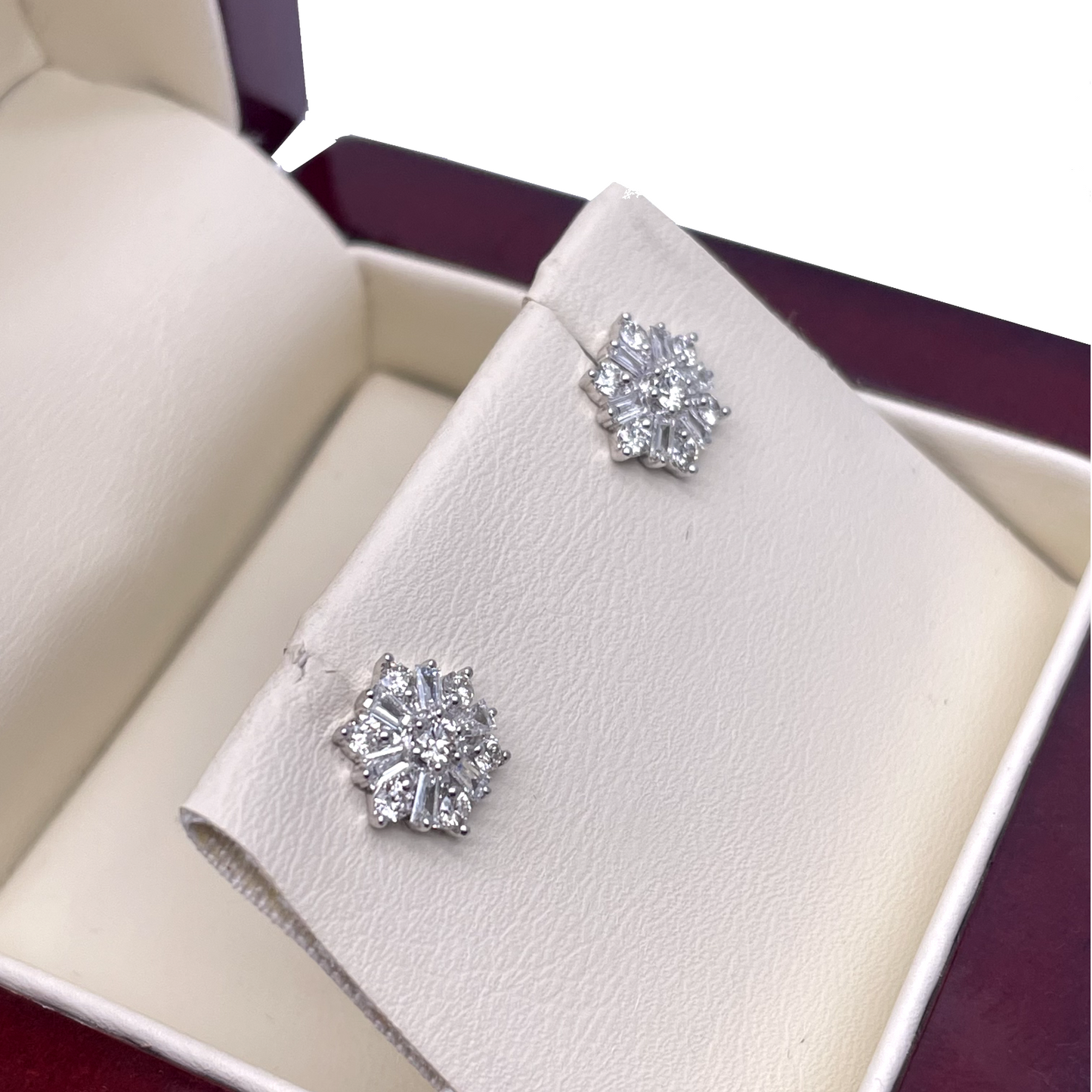 18ct White Gold Diamond Baguette Snowflake Cluster Stud Earring 9mm width,0.62ct