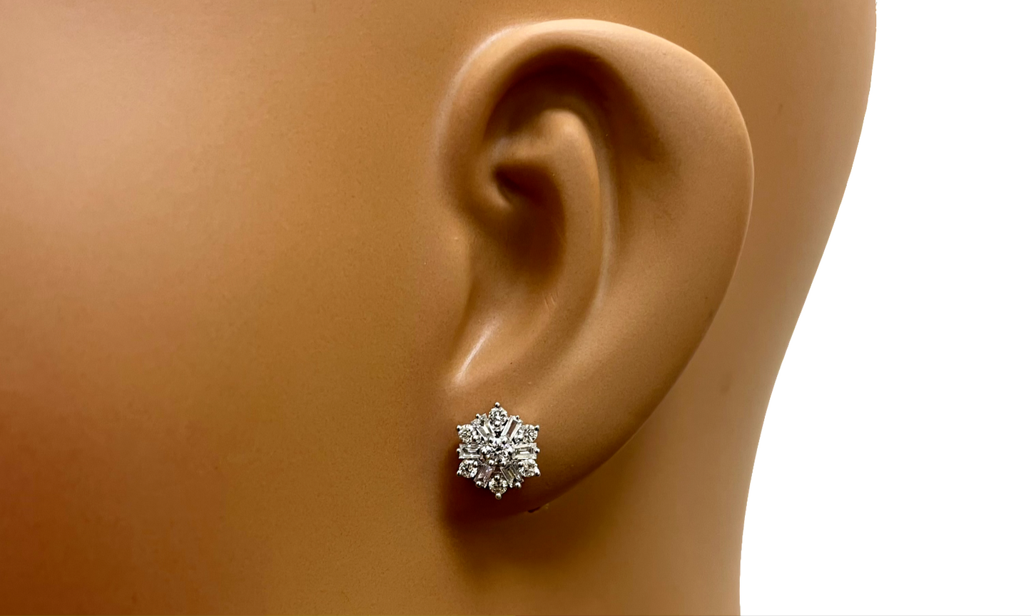 18ct White Gold Diamond Baguette Snowflake Cluster Stud Earring 9mm width,0.62ct