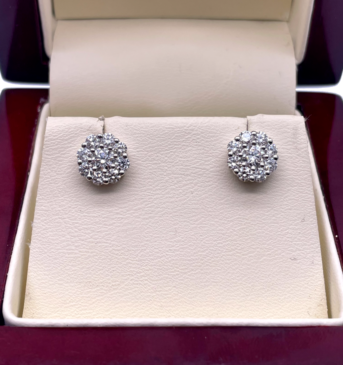 18ct White Gold 9 Stone Daisy Cluster Diamond Stud Earrings IGI Certified 1.40ct