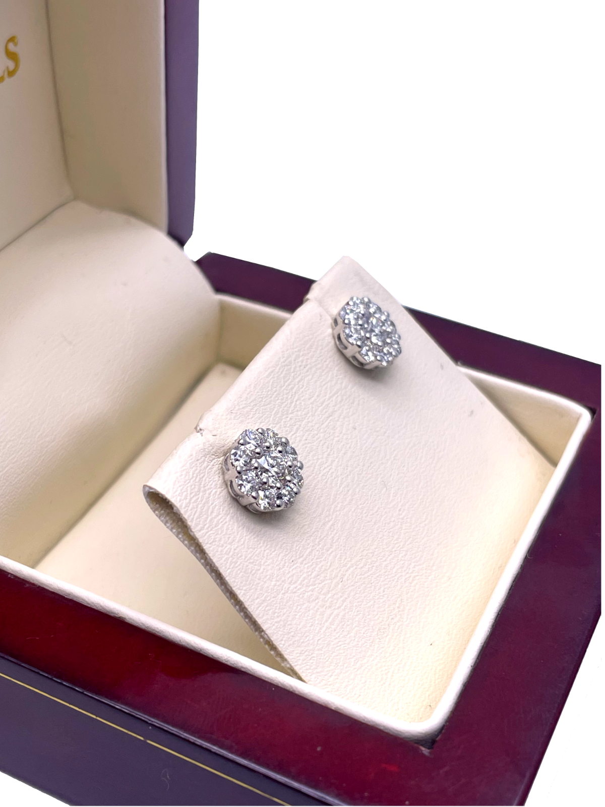 18ct White Gold 9 Stone Daisy Cluster Diamond Stud Earrings IGI Certified 1.40ct