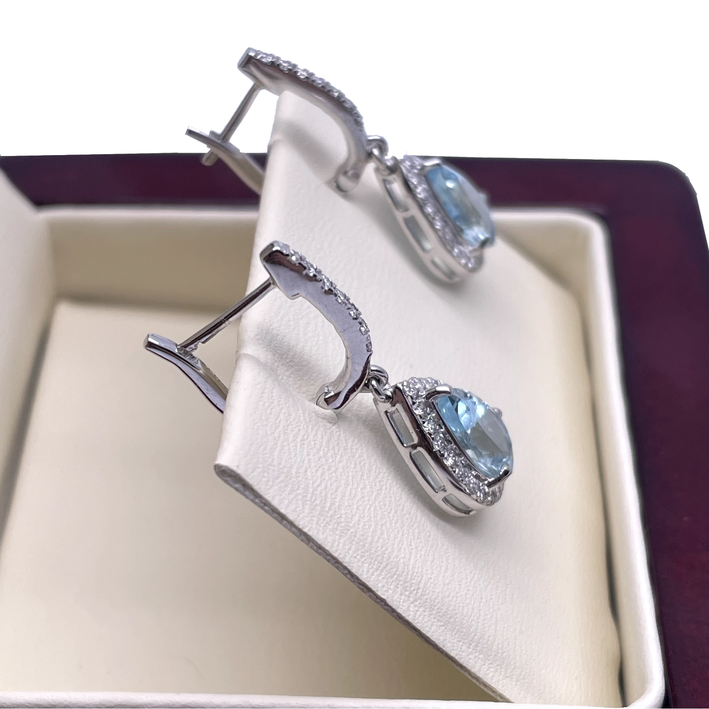 18ct White Gold Diamond & Blue Aquamarine Pear Halo Hoop Earrings 0.56ct