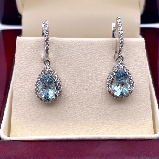 18ct White Gold Diamond & Blue Aquamarine Pear Halo Hoop Earrings 0.56ct