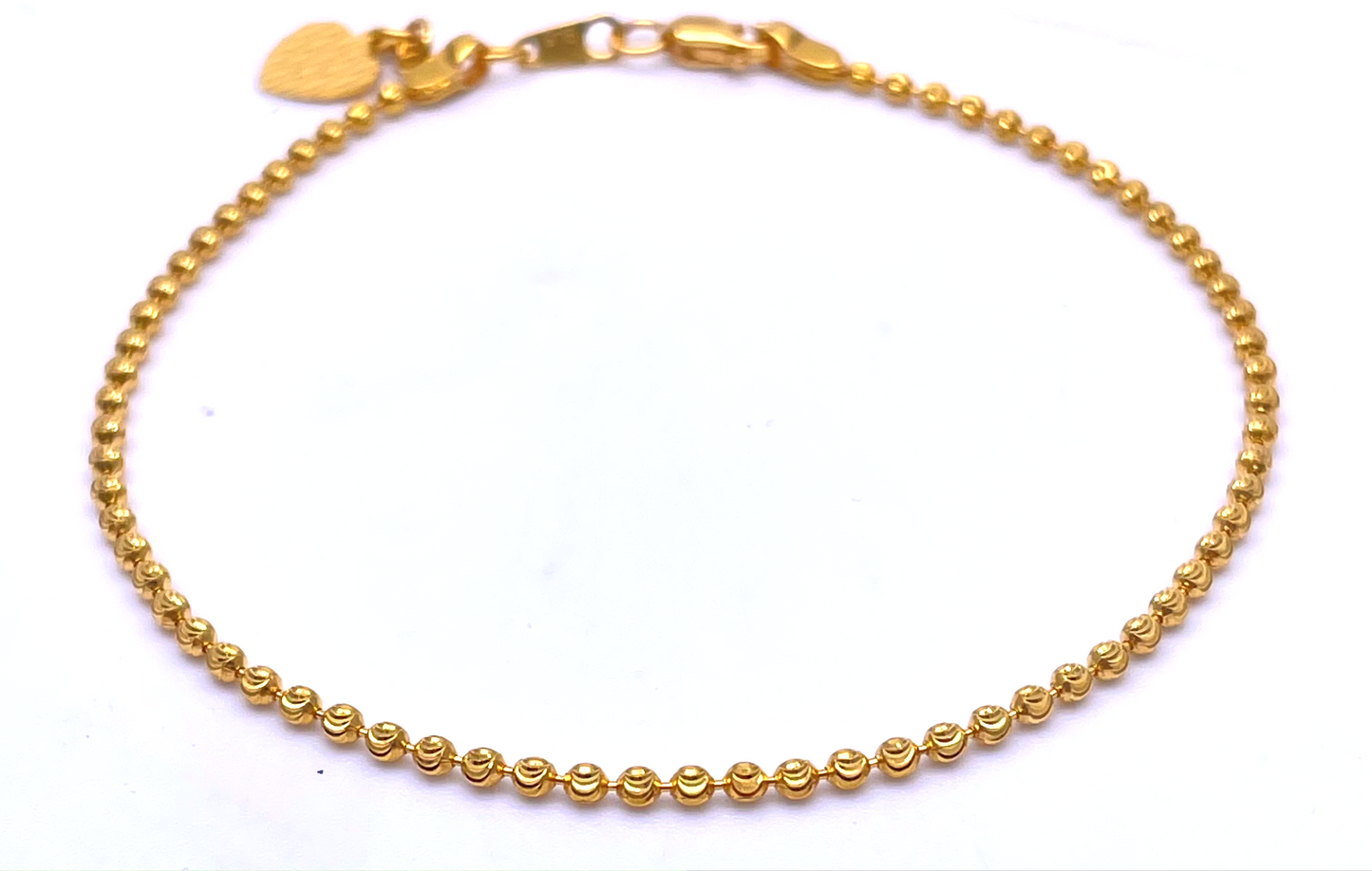 22ct Yellow Gold Diamond Cut Shiny Beaded Bracelet With Heart Charm 7''inches