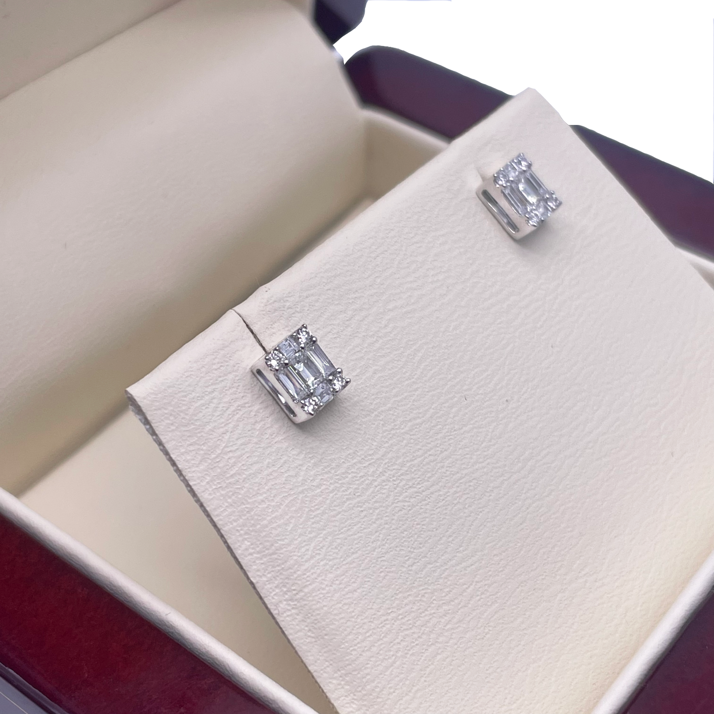 14ct White Gold Round & Baguette in Square Shaped Diamond Studs Earrings 0.31ct