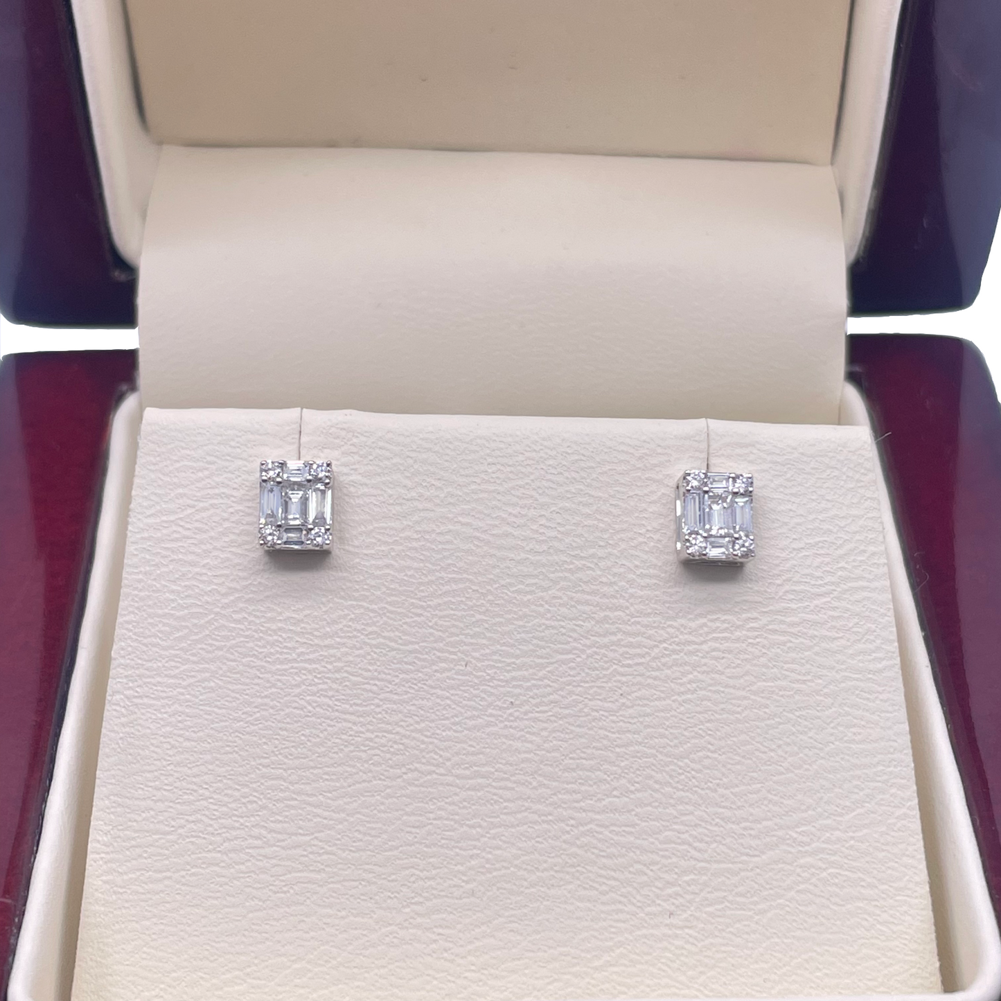 14ct White Gold Round & Baguette in Square Shaped Diamond Studs Earrings 0.31ct