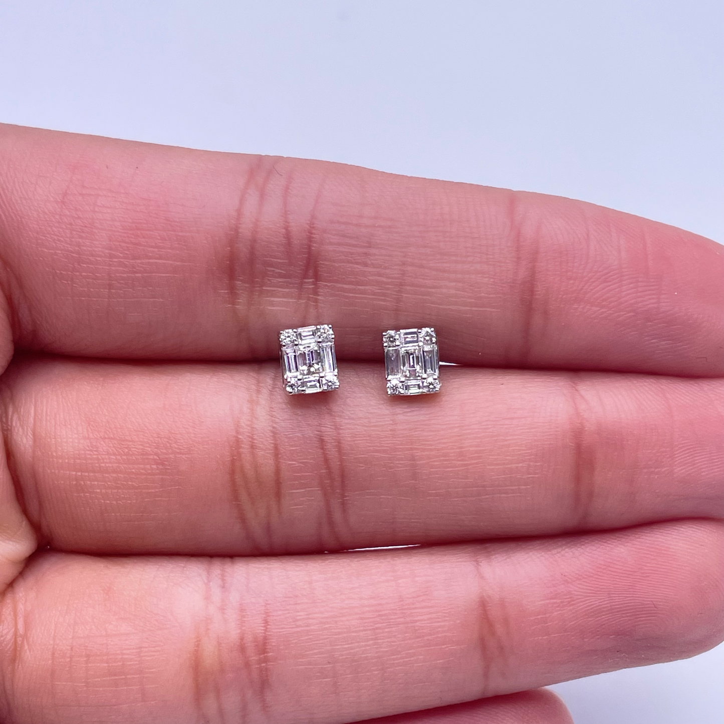 14ct White Gold Round & Baguette in Square Shaped Diamond Studs Earrings 0.31ct