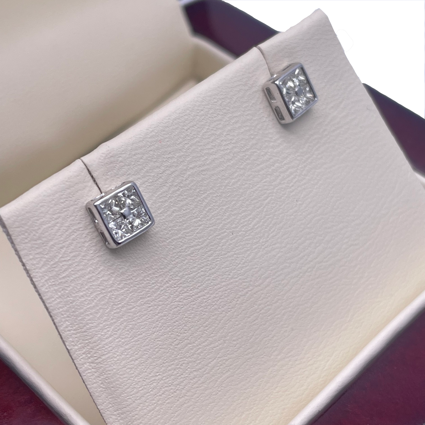 14ct White Gold Princess Cut & Rub Over Square Studs 0.47ct, 1.2gm