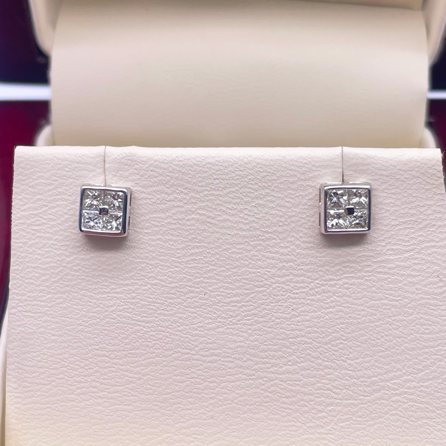 14ct White Gold Princess Cut & Rub Over Square Studs 0.47ct, 1.2gm