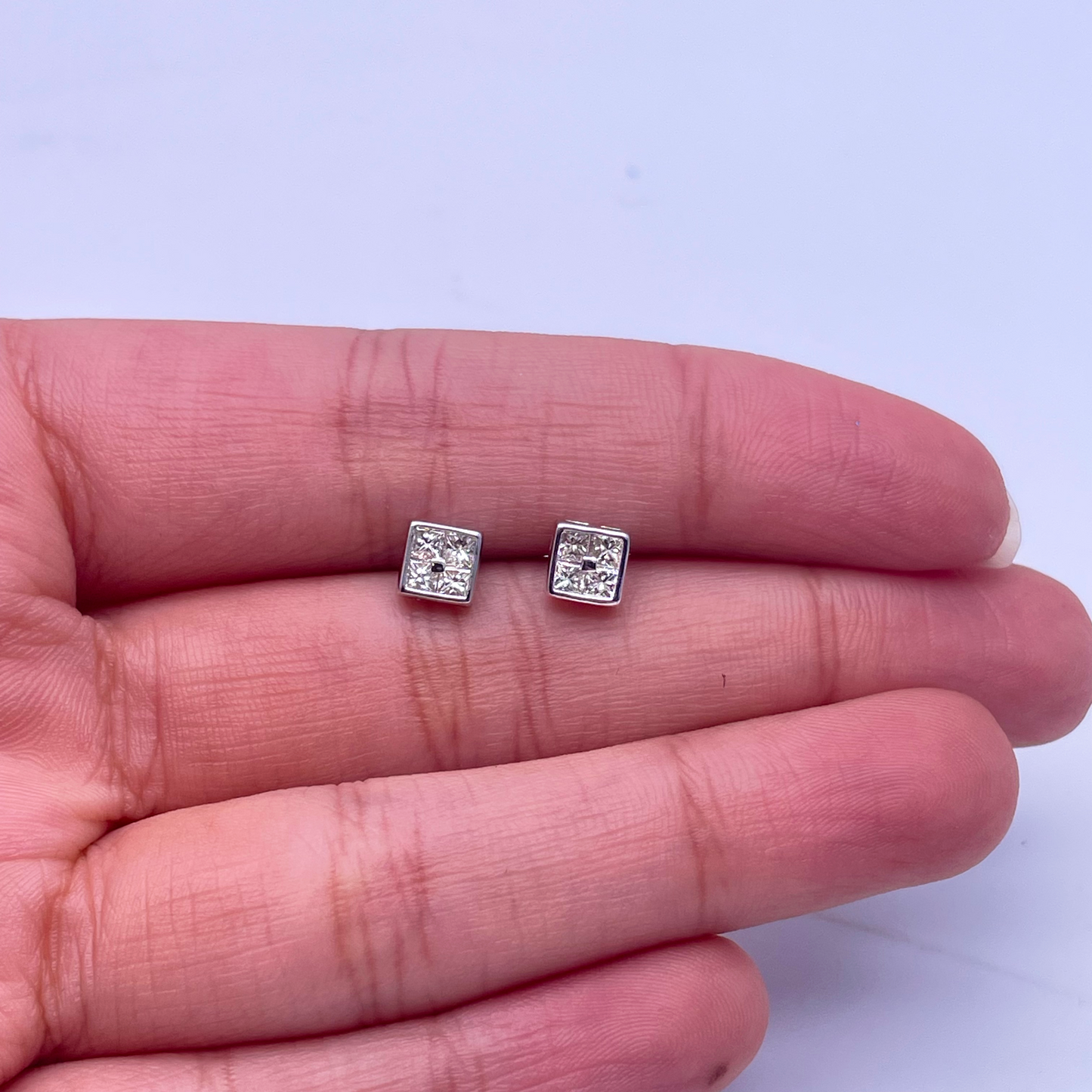 14ct White Gold Princess Cut & Rub Over Square Studs 0.47ct, 1.2gm