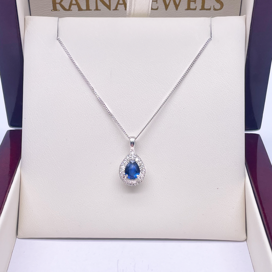 18ct White Gold Double Row Halo Diamond Blue Sapphire Pear Pendant&Chain 0.32ct