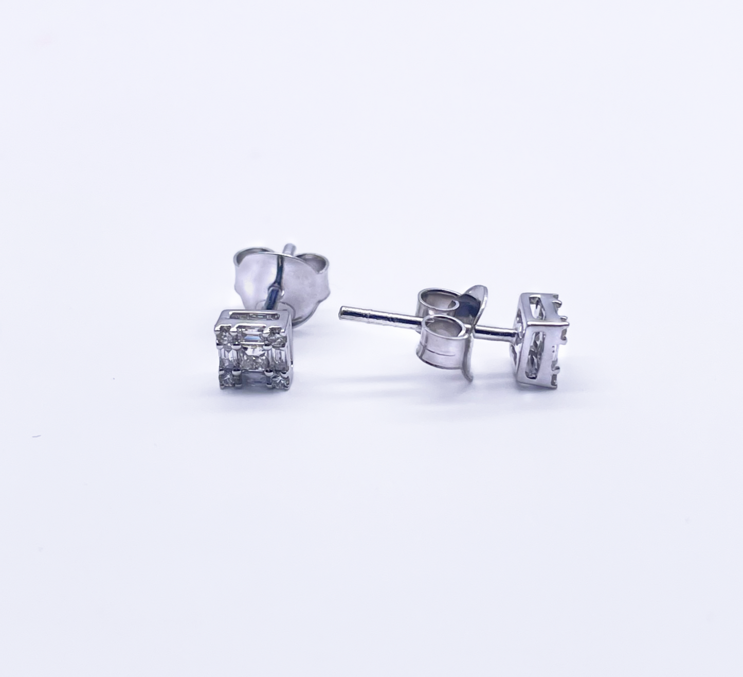 14ct White Gold Round & Baguette & Square Shaped Diamond Studs Earrings 0.25ct