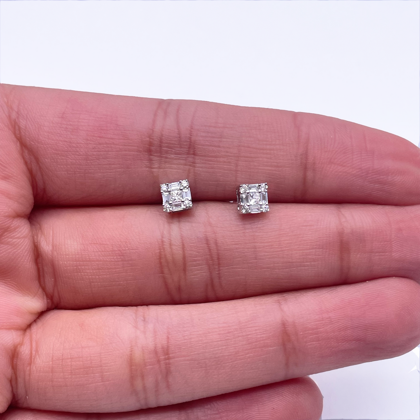 14ct White Gold Round & Baguette & Square Shaped Diamond Studs Earrings 0.25ct