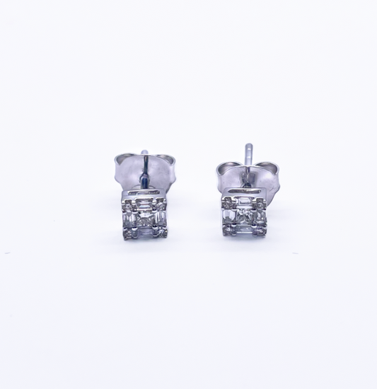 14ct White Gold Round & Baguette & Square Shaped Diamond Studs Earrings 0.25ct