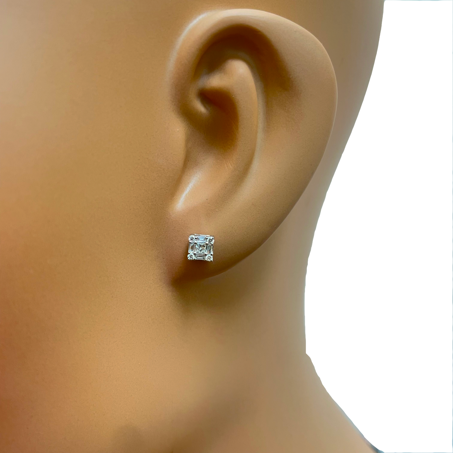 14ct White Gold Round & Baguette & Square Shaped Diamond Studs Earrings 0.25ct